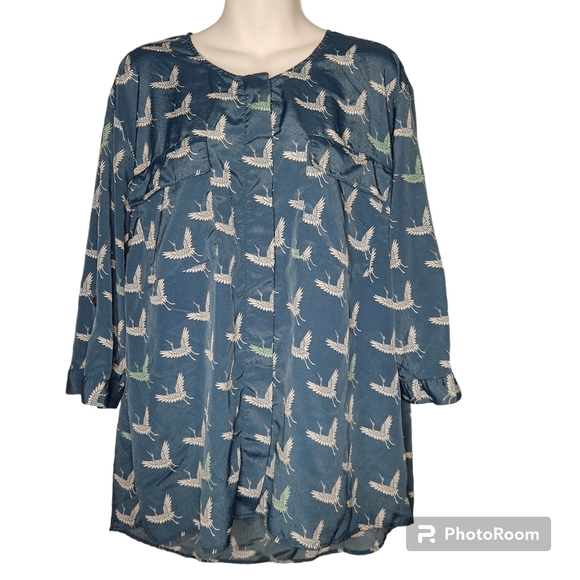 2/$30 Laura Scott1X Novelty Crane Bird All Over Print Roll Tab 3/4 Sleeve - Picture 3 of 15